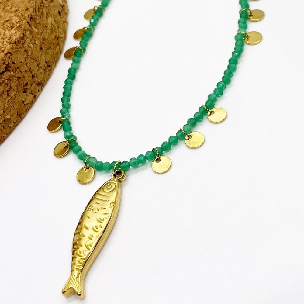 NEW Gold Fish & Green Crystal Beaded Layering Necklace
